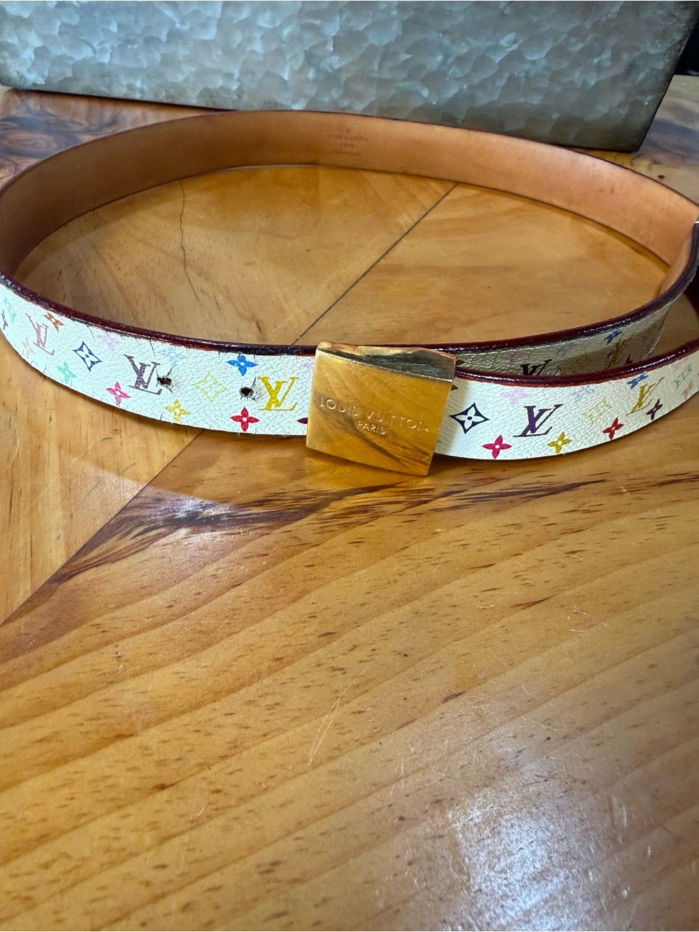 Louis Vuitton Authentic White Murakami Monogram Belt with Gold Buckle 90|36